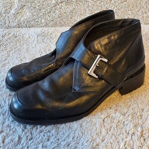 VTG Etienne Aigner Black Leather Ankle Boots Monk‎ Buckle School Marm Shoes 6M
